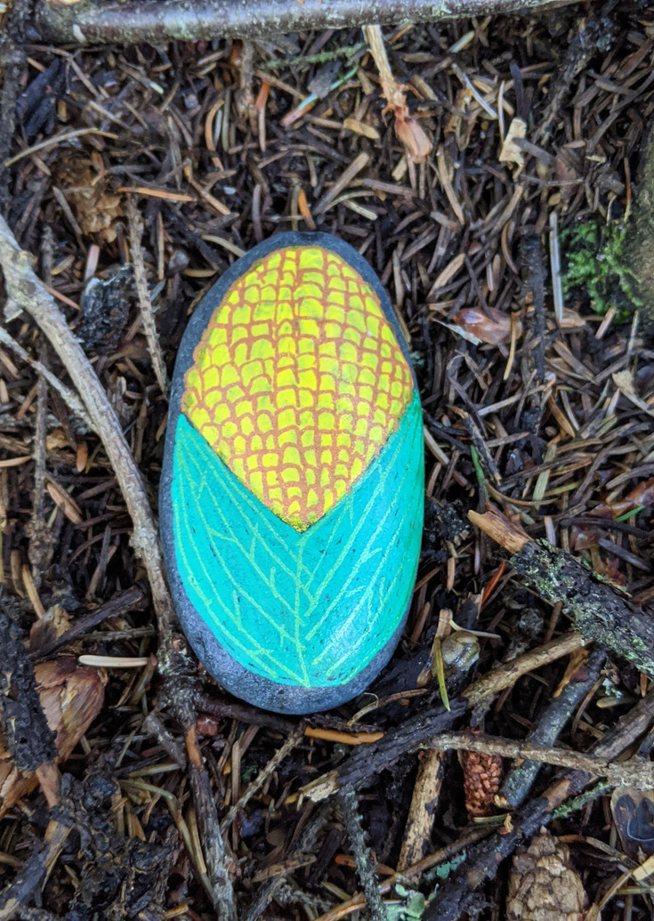 Painted rock with a yellow and teal tulip