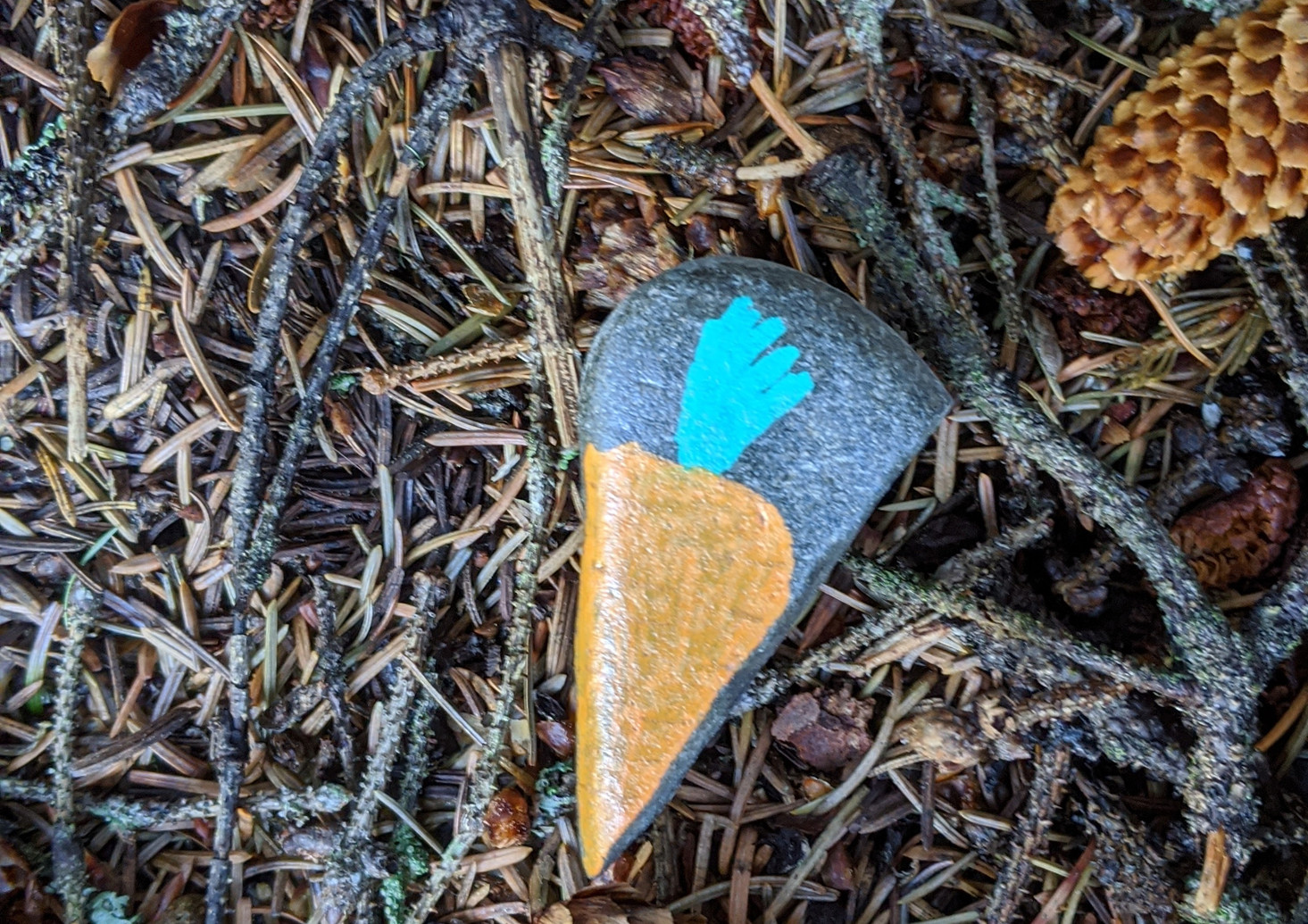 Painted rock with a blue heart among twigs and a pinecone
