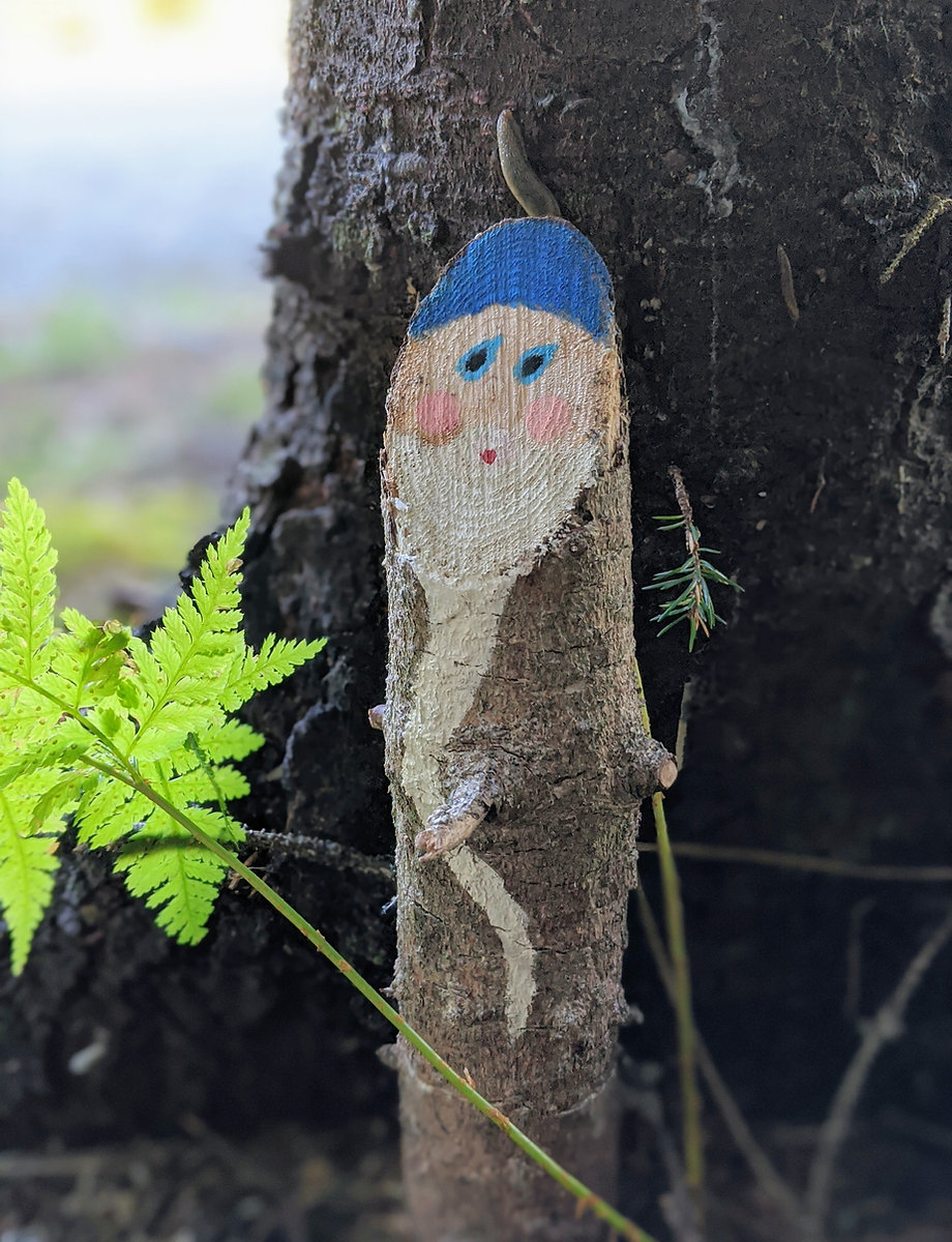 A wooden dwarf with a blue painted hat tucked against a tree trunk along the trail